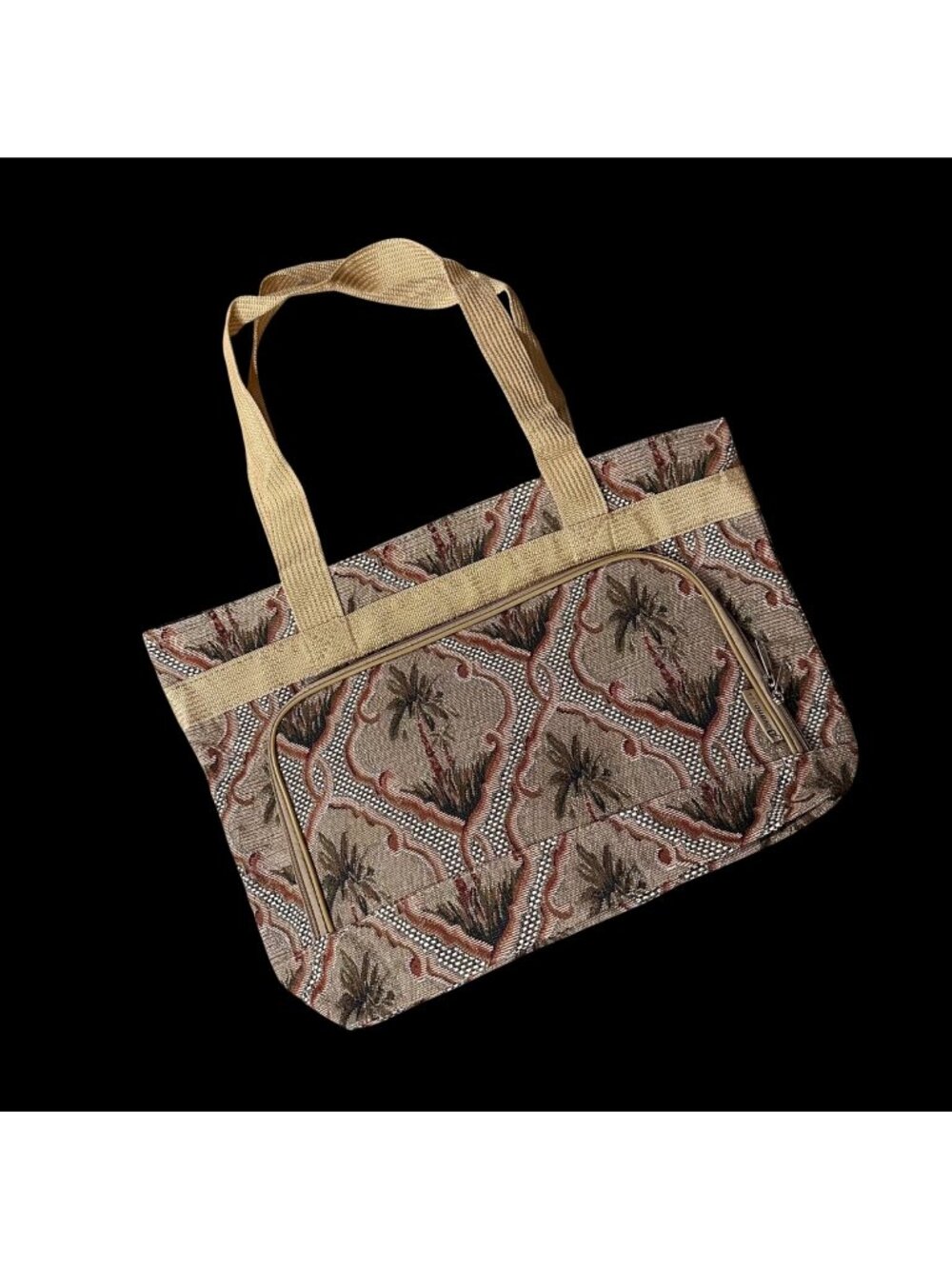 Vintage Tapestry Tote Bag Beige Green Palm Tree Travel Luggage Bovano USA